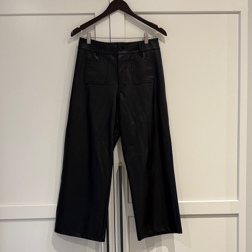 Paige Black Faux Leather Cropped Wide-Leg Pants
